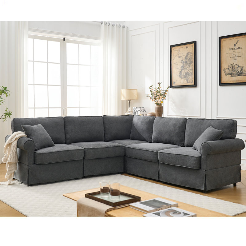Modular Sectional Sofa Set,Convertible L Shaped Couch ,5 Seat,Reversible Sectional Sofa Couch,Upholstered,Corner Sofa,Rolled Arms,Soft Linen Fabric