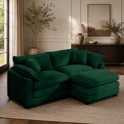 Corduroy Two-Seater Sofa with 1 Footrest, L-Shaped 2-Seater Sofa with Ottoman for Small Living Spaces, Green Corduroy Sofa