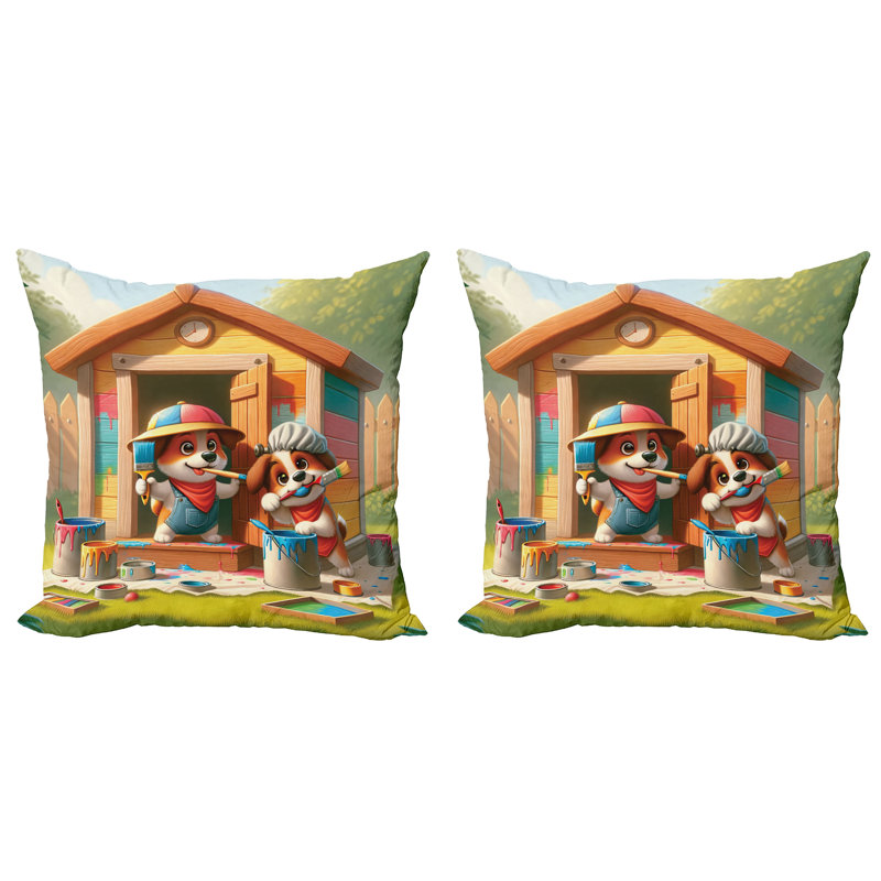 Set of 2 Reversible Microfiber Dog Print Throw Pillows