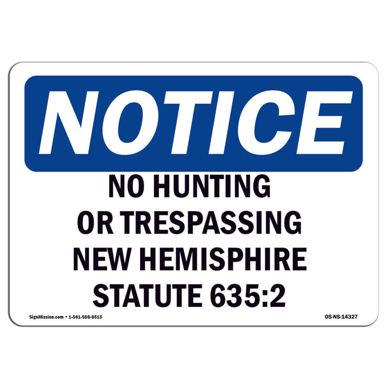 Panneau en aluminium 18 x 24 New Hampshire No Hunting or Trespassing