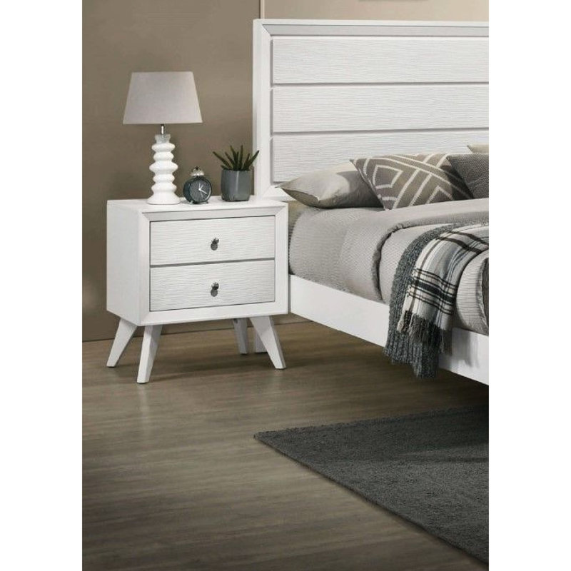 Table de chevet moderne pour chambre à coucher 2 en blanc avec texture en bois massif et pieds inclinés