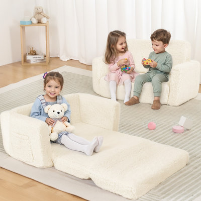 3-In-1 Extra Wide Convertible Kids Couch, 2-Seat Toddler Lounger, Comfy Toddler Chair, Kids Sofa For Boys Girls, Bed For Fun Playtime Or Comfy Lounging