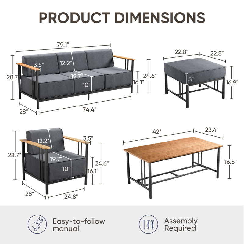 Coan 7-9 Person Outdoor Patio Modern Metal Family Conversation Set With 4 Armchairs, Black Cushion/Black Frame