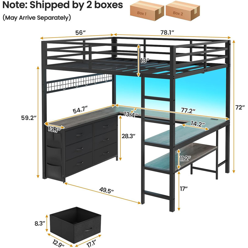 Absarokee Loft Bed Full Size With U-shaped Desk, 6 Storage Drawers, Power Outlet, Led Metal Loft Bed With 2 Storage Shelves, Bed With Safety Guardrail & Ladders, No Box Spring Needed