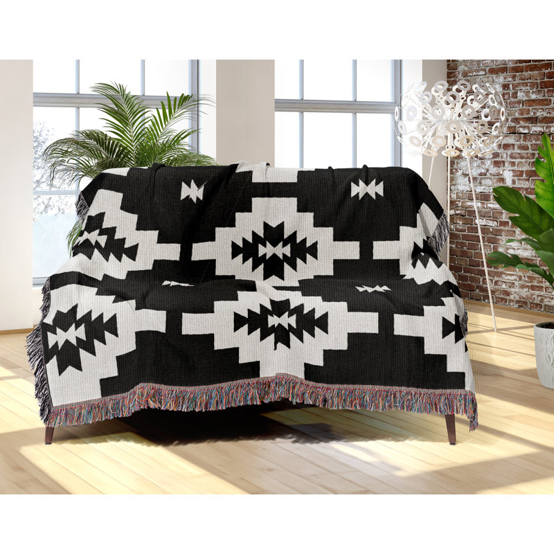 Couverture en mélange de coton Hinto South Western, Noir/Blanc cassé, L 60 po x l 50 po