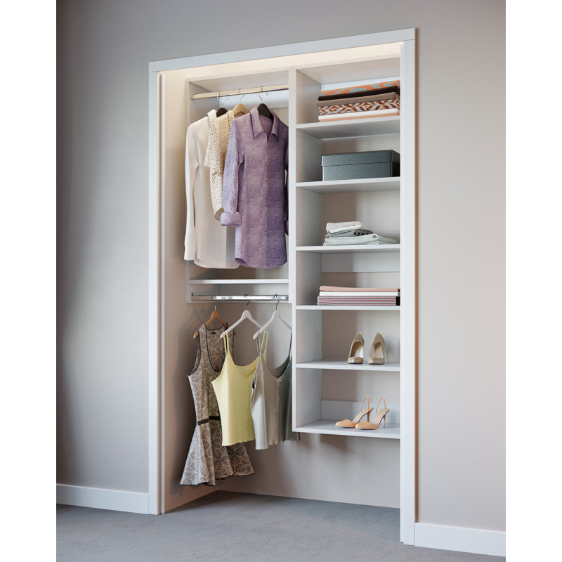 White Modular Closet System with Shelves and Hanging Space