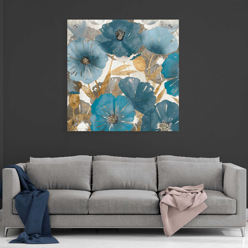 Art mural en verre acrylique «Blue and Gold Poppies I» par Studio W, H 36 po x l 36 po x P 0,2 po