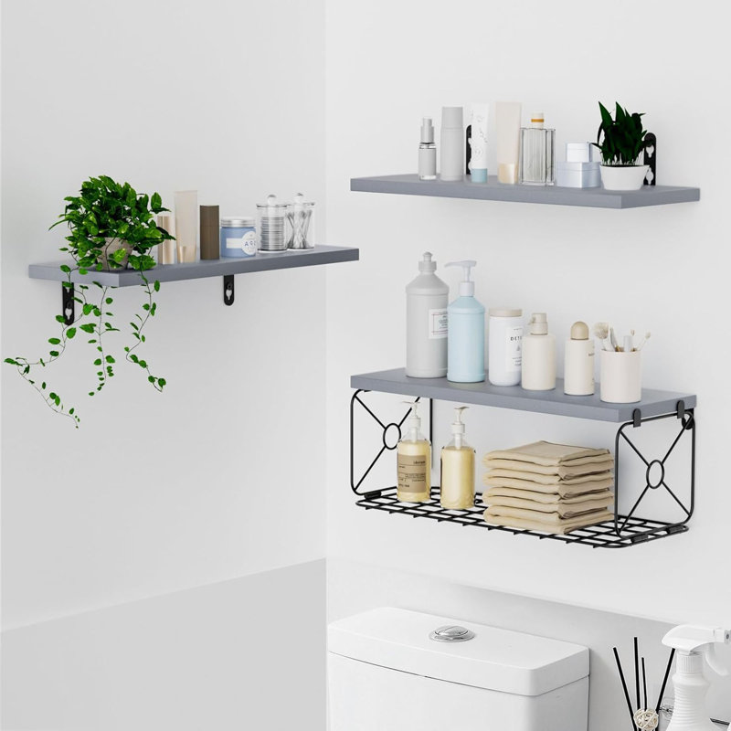 Floating Shelves Set of 3, Rustic Mounted Shelf with Metal Basket, Wall Shelves, Gray