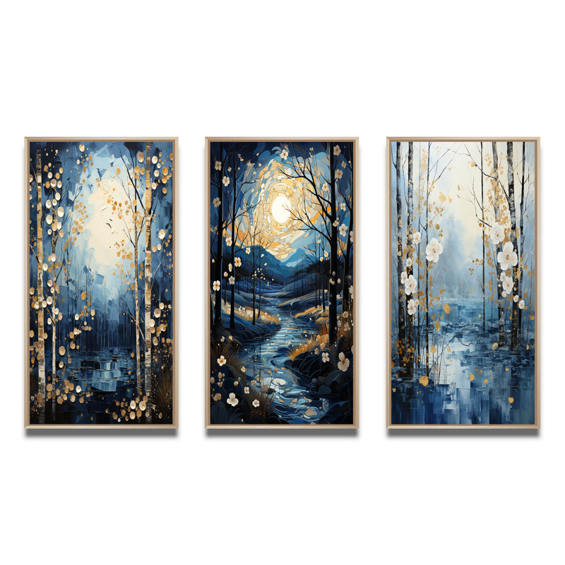Birch Woods Moonlit Symphony - ensemble de 3 pièces d'art floral, H 32 po x l 48 po, Encadré naturel