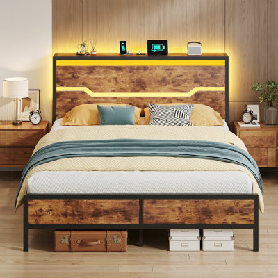 Bed Frame With Built-in Usb Charging, Noise-free Metal Design & Led Light Headboard