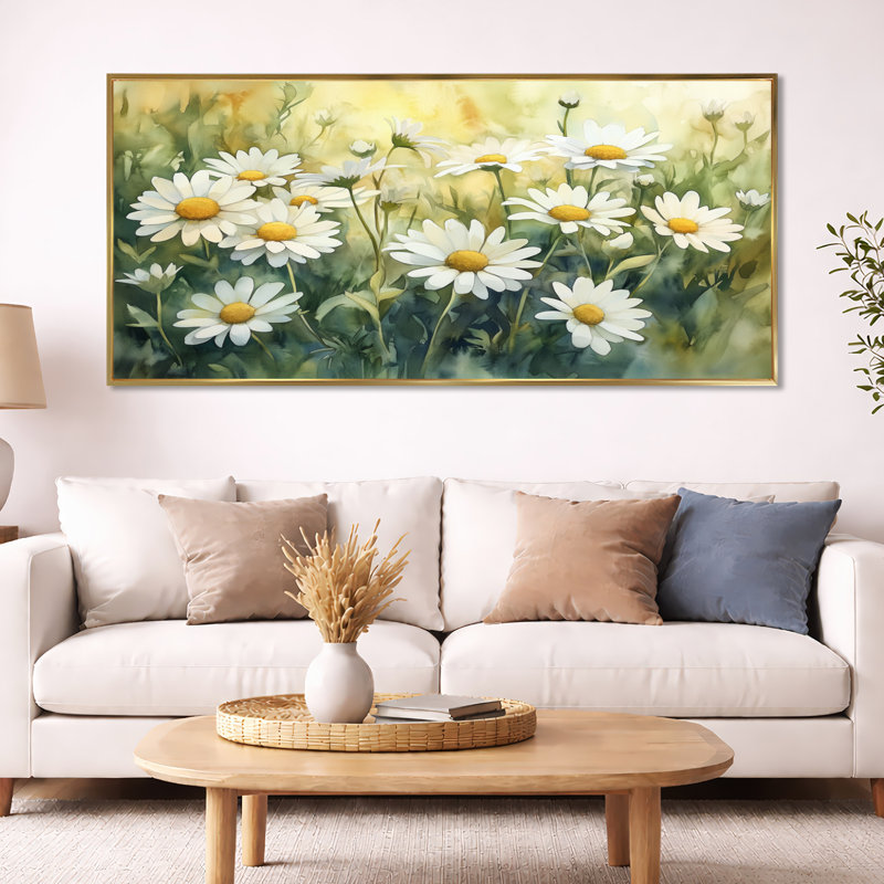 Summer Daisy Glow II - prairie blanche, art mural, H 28 po x l 60 po, Cadre flottant doré
