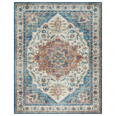Samira Tiefi Blue Red Multi Machine Washable Traditional Medallion Indoor Area Rug, Flat Pile for Living Room & Bedroom - Blue, 3x5