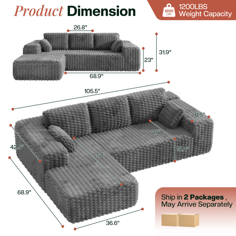 Modern L-shaped Sectional Sofa, Gray