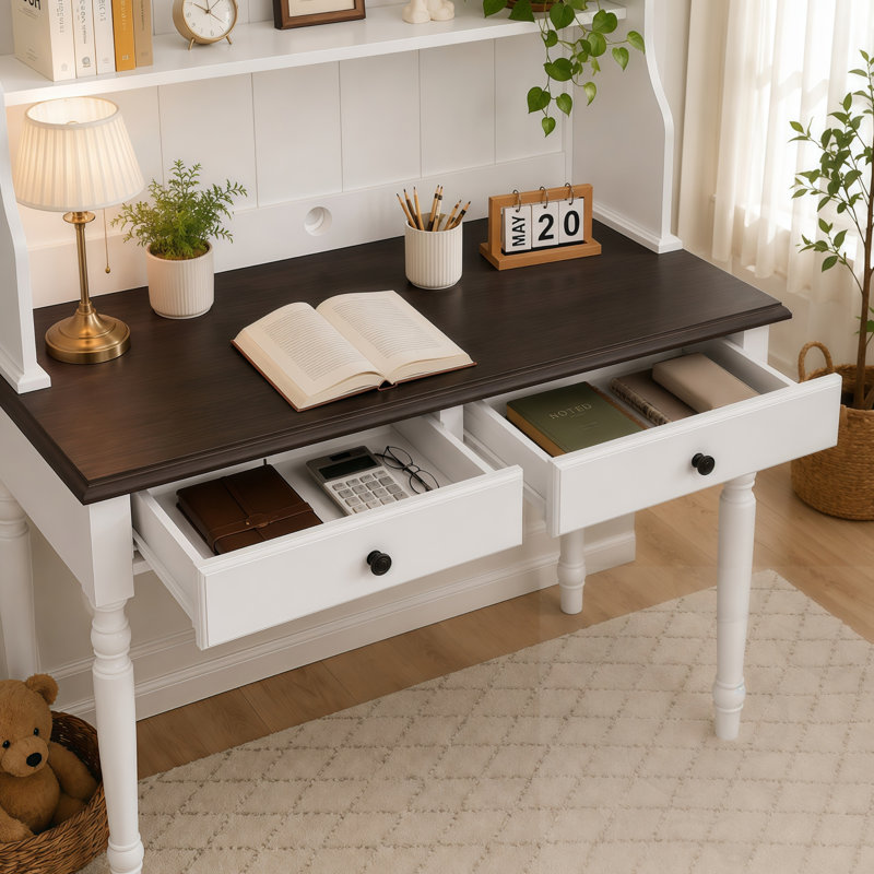 Bureau avec tiroirs et tablettes, Espresso/White