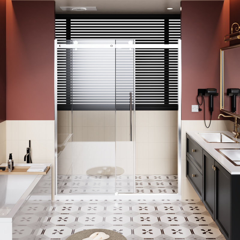 Single Sliding Shower Door 60 In W X 72 H With Stainless Steel Handle, 1/4 Inch Thick Clear Tempered Glass, Adjustable Guide - Reversible Design, Finish Zinc Roller Rail, Glass Corrosion Proof,