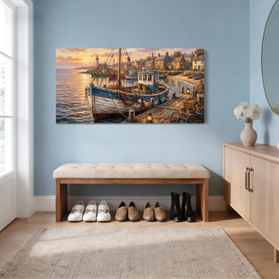 Ensemble de 1 tableau sur toile tendue représentant un coucher de soleil sur un port de pêche