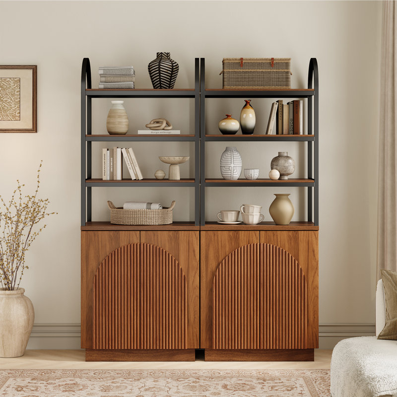Designer 70.7'' Hight Curved Three-dimensional Texture Bookcase（set Of 2）, Walnut