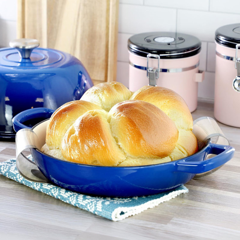 Megachef 6 Quart Enameled Cast Iron Bread Pot With Baking Mat – Oven-safe Artisan Bread Baking Pot For Home Bakers, Blue