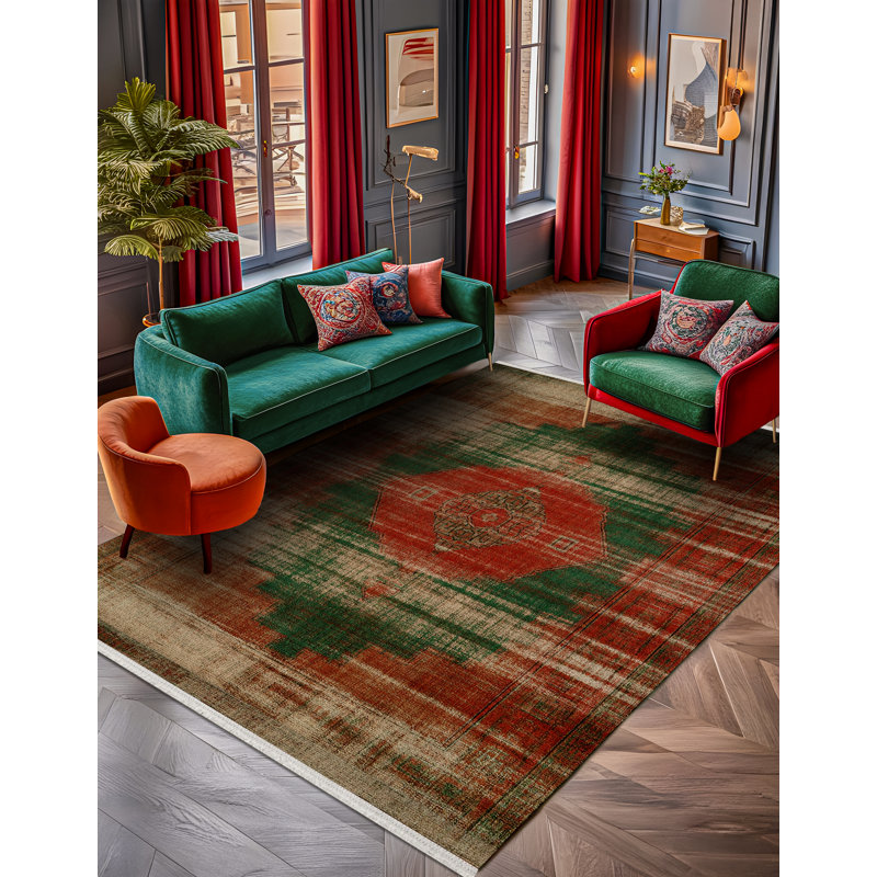 Anatolia Collection Digital Print Cotton-Polyester Green Red Oriental Rug, Rectangle 3'4" x 6'7"