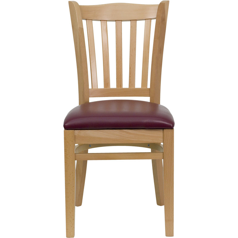 Orlison Vertical Slat Back Wooden Restaurant Chair, Vinyl Burgundy, Natural Wood