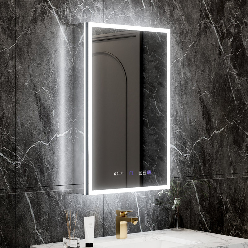 Armoire à pharmacie de salle de bain 20 * 32 pouces avec haut débit intégré, double éclairage à DEL et miroir grossissant 5X à contrôle de luminosité continu, brouillard