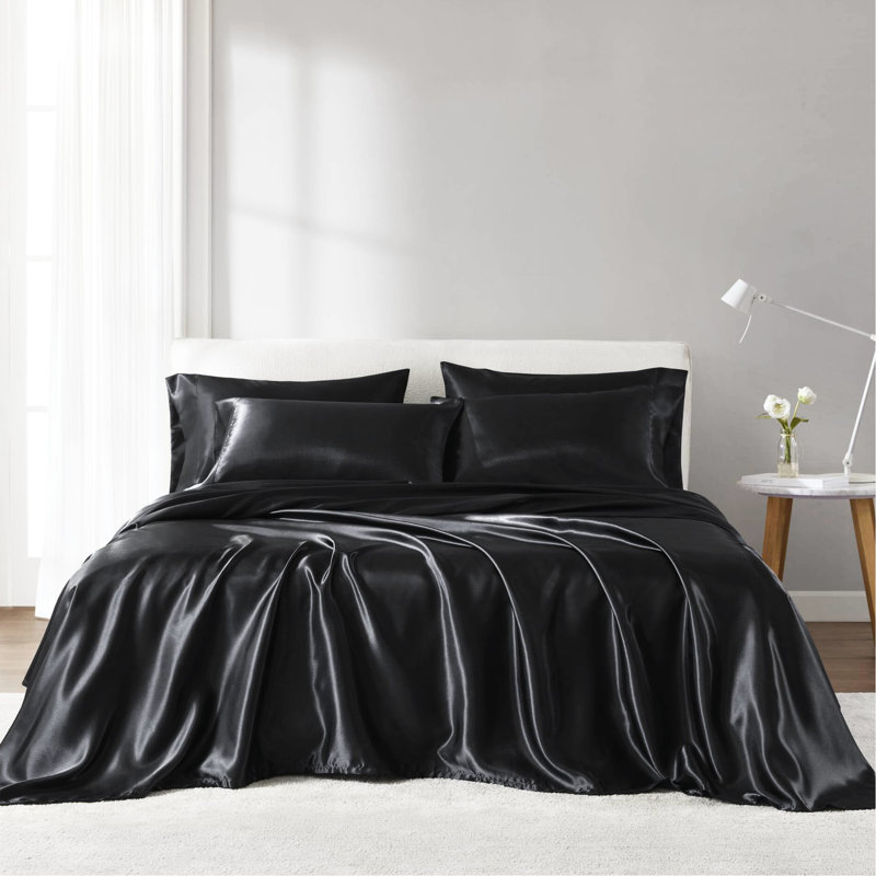Drap-housse luxueux 7 pièces en satin noir très grand luxe