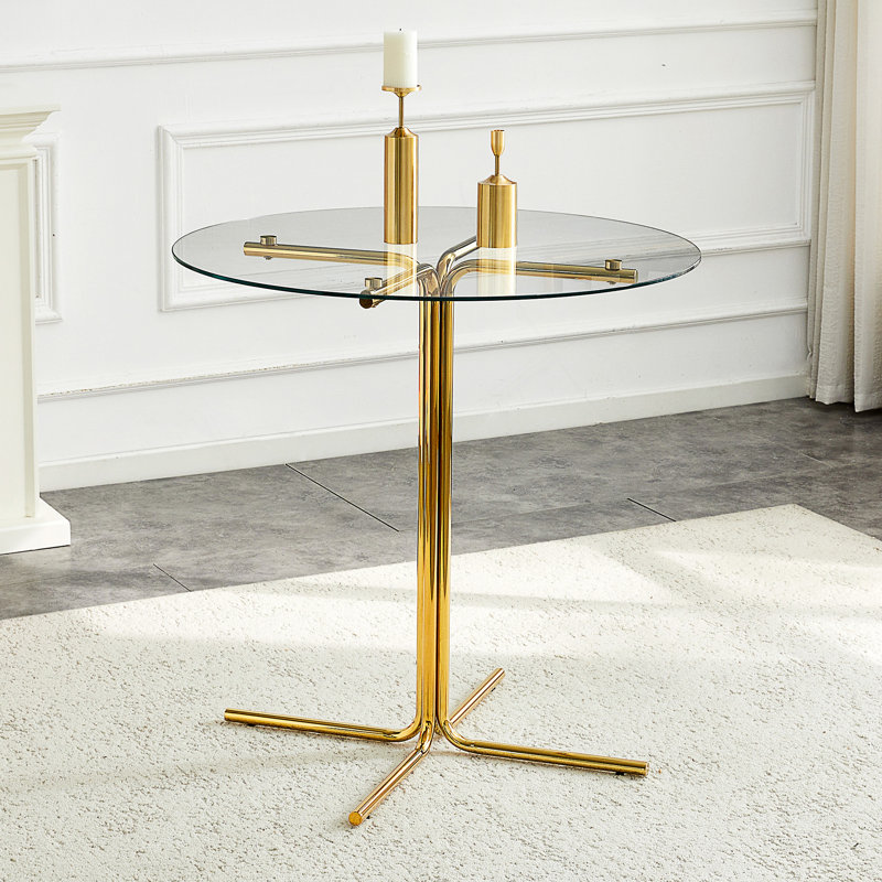 Table de salle à manger moderne 36 pouces avec verre trempé et base en métal à quatre griffes, Clear / Gold