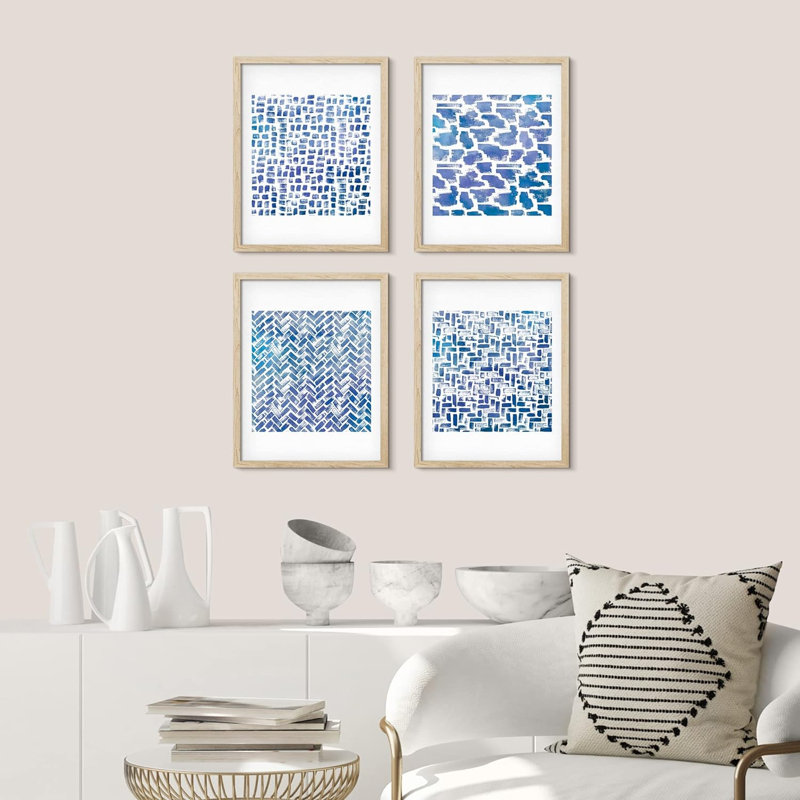 Motif de coups de pinceau aquarelle bleue - ensemble de 4 reproductions de cadres photo simples, Naturel, H 10 po x l 8 po
