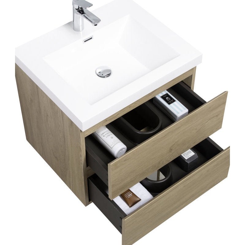 Meuble-lavabo 24 po avec lavabo et tiroirs, chêne naturel, lavabo en résine, fermeture en douceur pour armoire pratique, comptoir, chêne