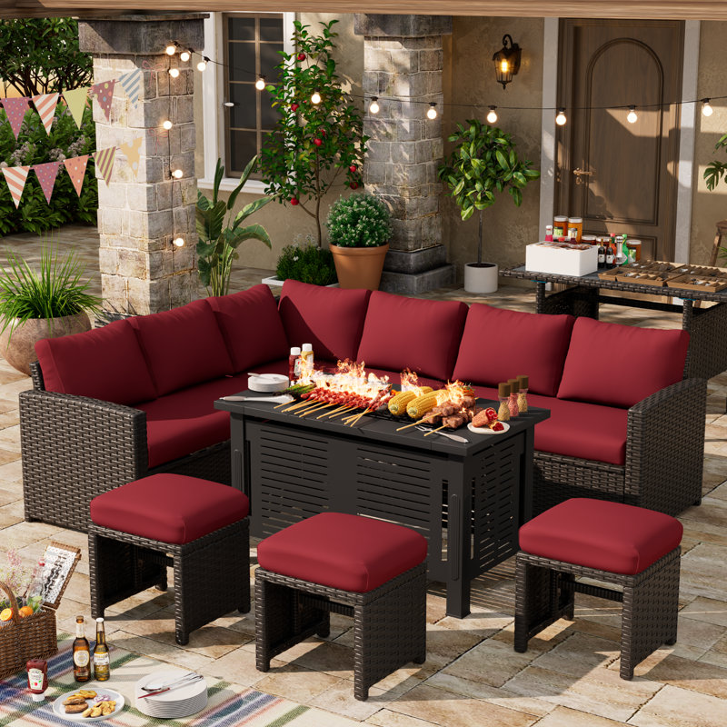 7 Pieces Patio Furniture Set With 43" Fire Pit Table, Wine Red Cushion/Brown Frame