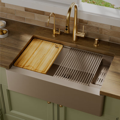 Karran 34" Deep Apron Front Single Bowl Quartz Kitchen Sink Kit in Concrete
