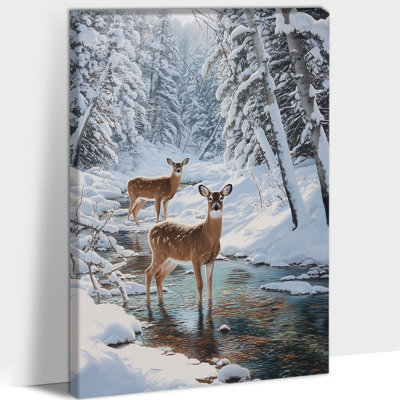Hiver, art mural sur toile, cerf de neige, ruisseau de forêt, art mural de Noël des bois pour salon