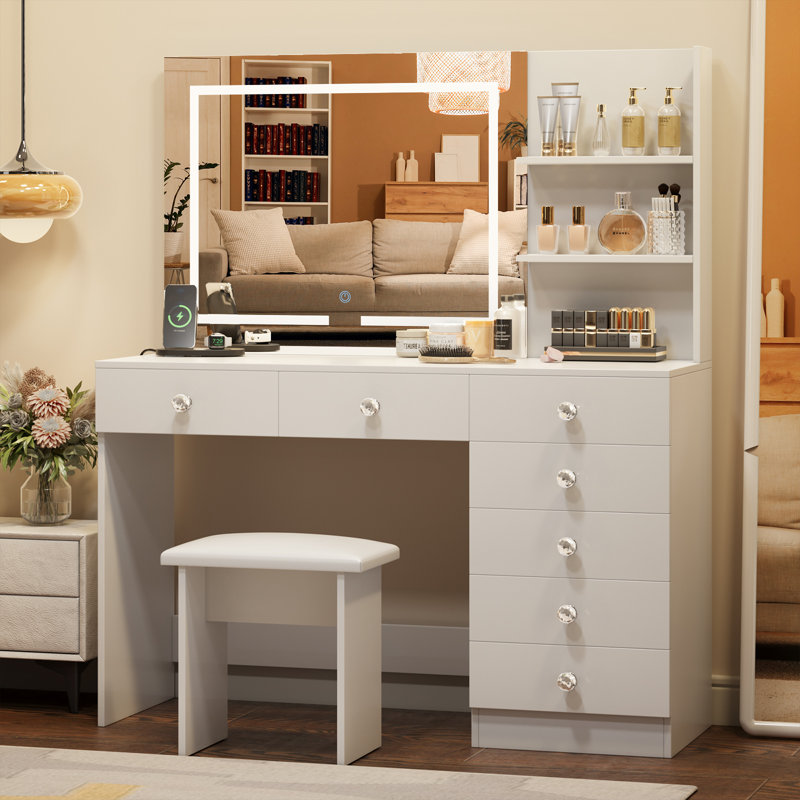 Makeup Vanity Set With LED Lighted Mirror - 7 Drawers Dressing Table With Built-in Outlet, White
