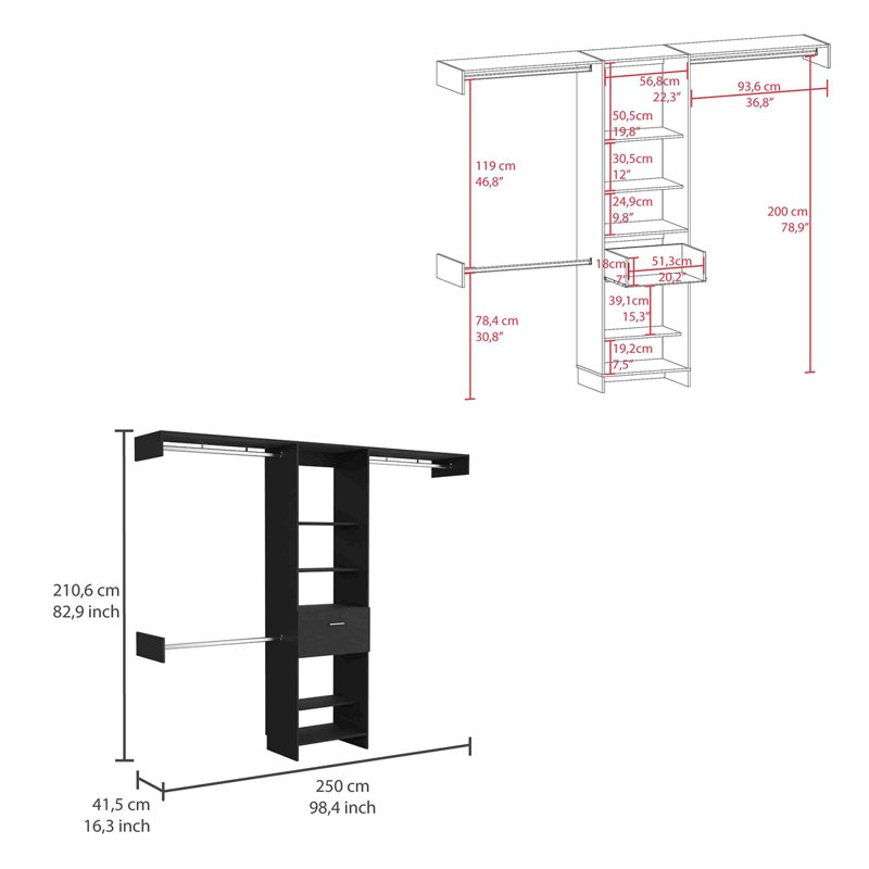 Manchester 250 Closet System, Five Open Shelves, Black