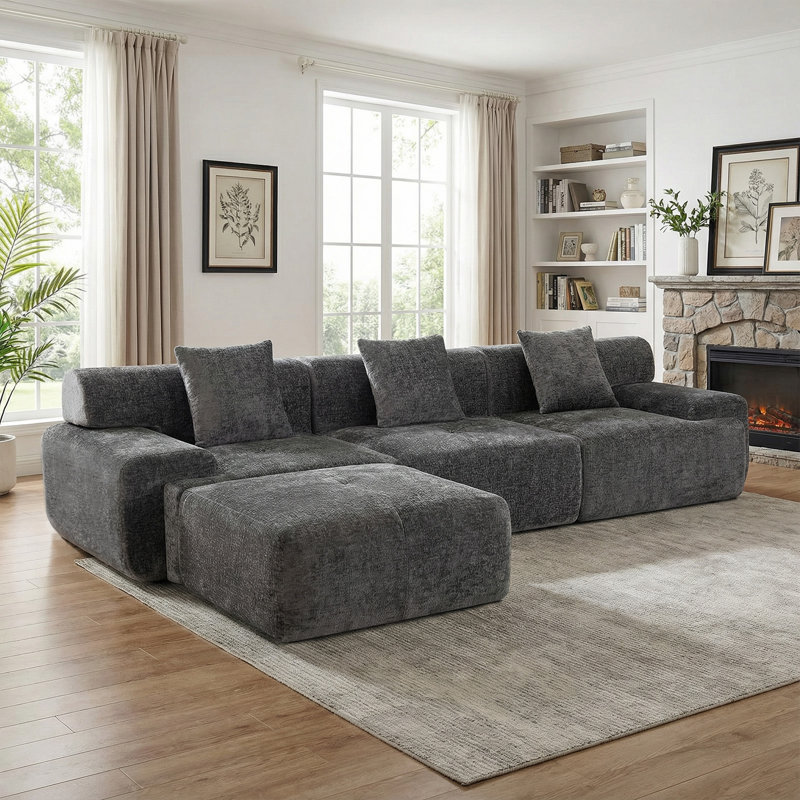 Boneless 3 Seater L-shaped Chenille Boneless Modular Sectional Sofa with Ottoman, Gray Chenille