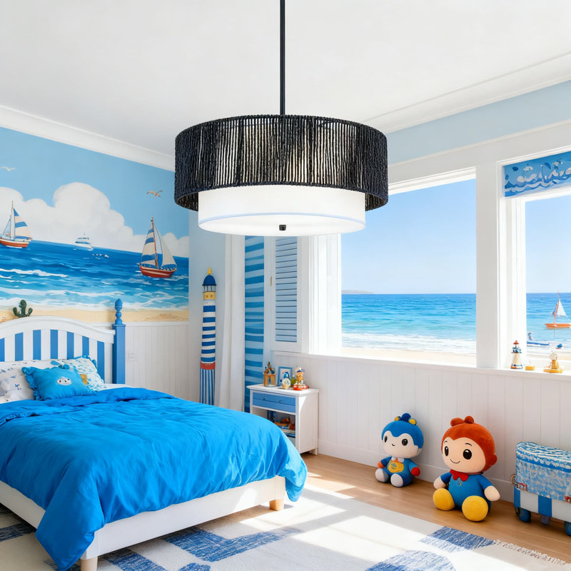 Luminaire suspendu de style lustre en rotin à 3 lumières avec abat-jour tambour de style campagnard pour la salle à manger, la cuisine et le couloir