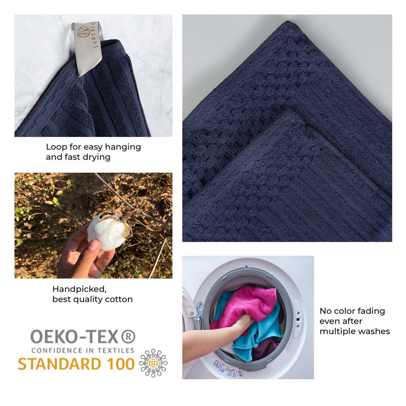 Kleiman Cotton Highly Absorbent Solid and Checkered Border Hand Towel Set, Navy Blue