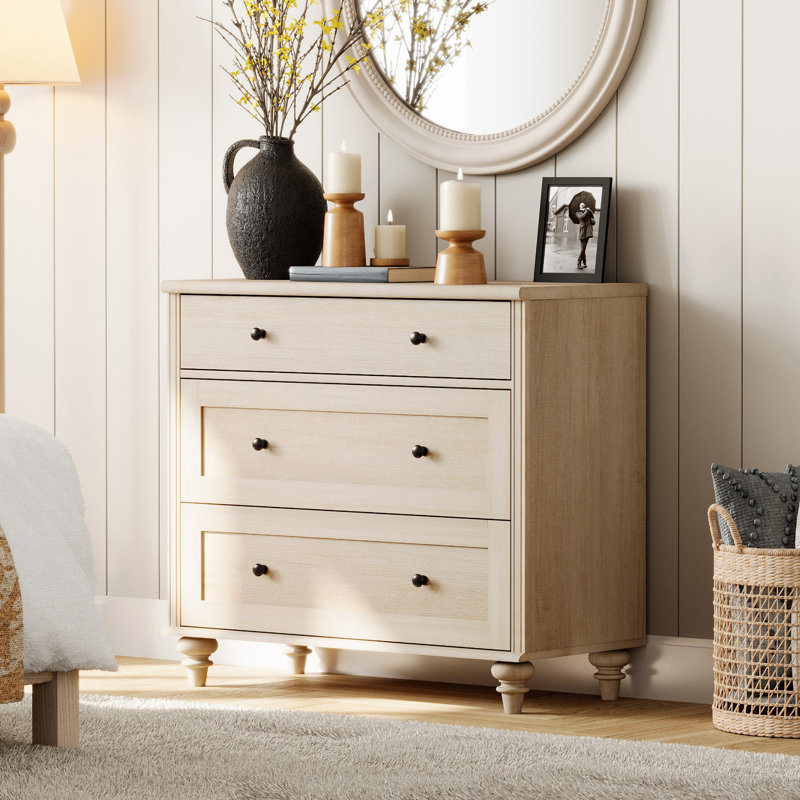 Scarlett End Table For Bedroom With 3 Drawers, Mid Century Modern Wooden Closet Storage Organizer, Beige Top/Beige Base, 1