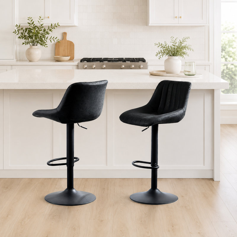  Ensemble de 2 tabourets pivotants à hauteur réglable avec dossier, Siège noir / cadre noir, 2