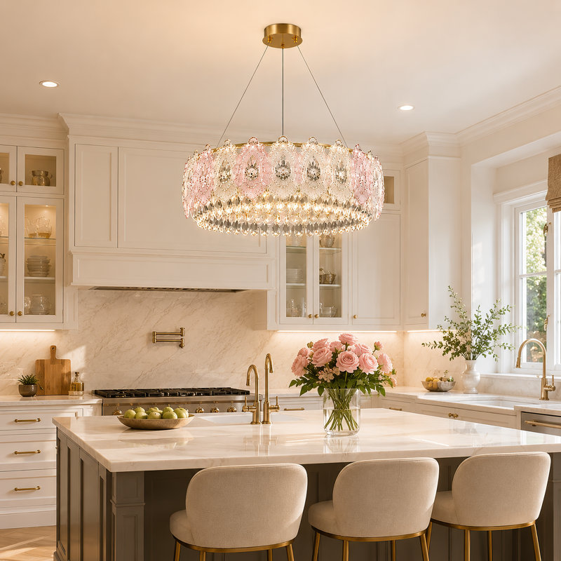 Lustre moderne avec panneaux de verre rose et lumière DEL intégrée
