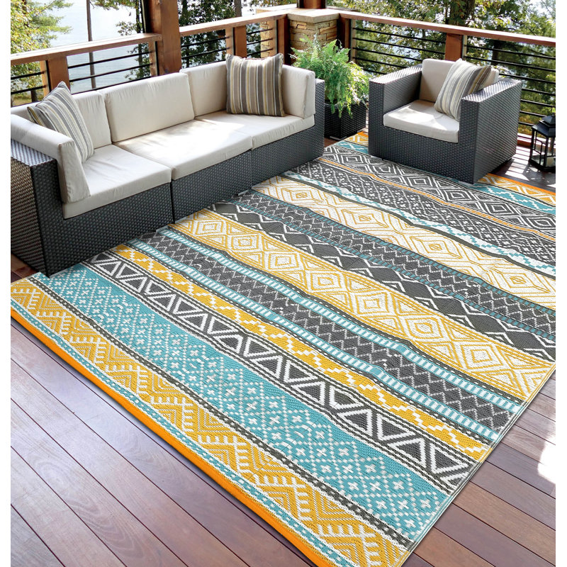 9 x 12 ft Plastic Yellow Green Gray White Rectangular Area Rug Bohemia for Beach Front Porches Patio Picnic RV Camping Garage
