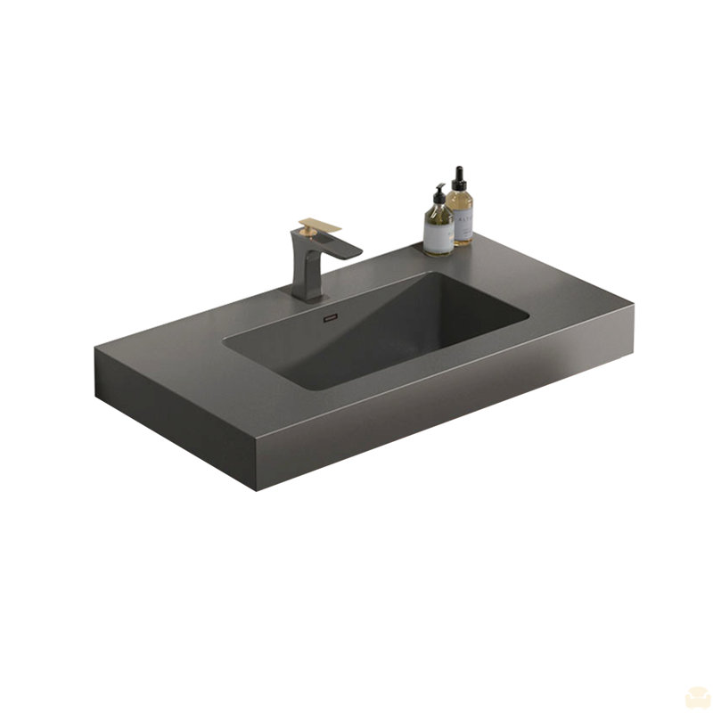 Bassin en quartz intégré intégré sans drain, robinet et armoire, 30", Noir mat, Brun