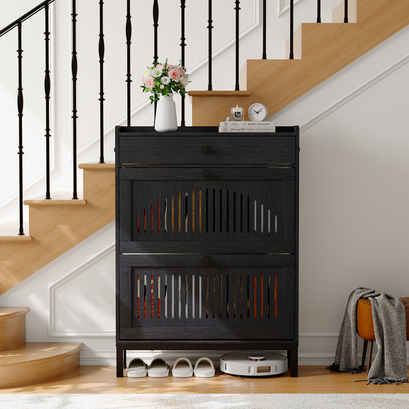Armoire à chaussures moderne avec 2 tiroirs tournants - tablettes réglables et grand rangement caché - organisateur de vestibule autoportant, noir