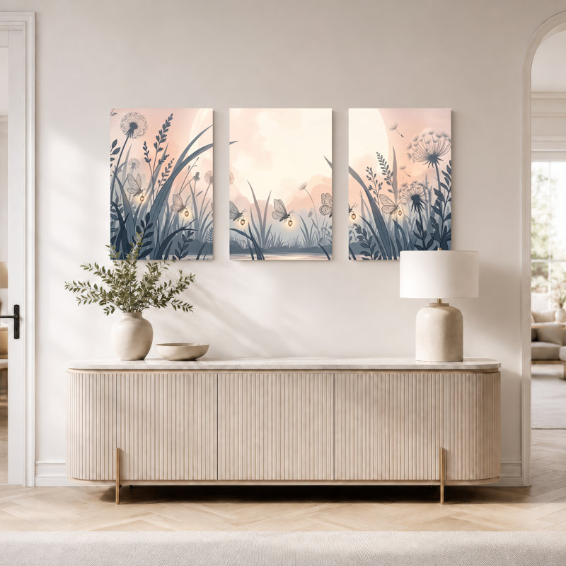 Ensemble de 3 tableaux sur toile « Prairie de papillons » pour la décoration du salon et de la chambre., 1624