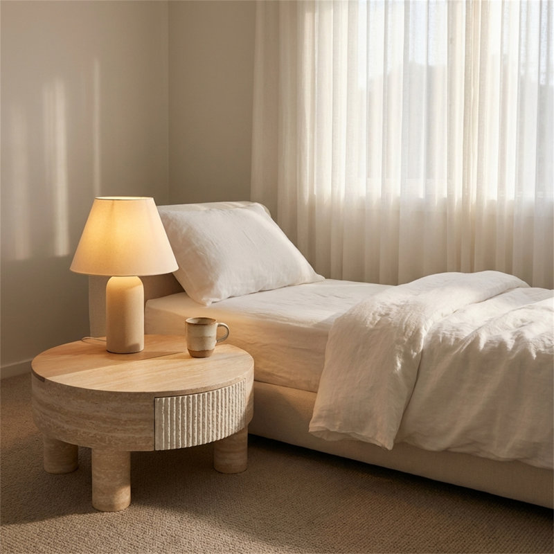 Table basse ronde avec surface rabattable et compartiment de rangement dissimulé, convenant aux salons