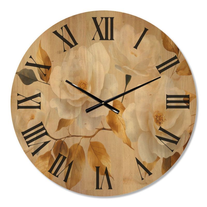 Très grande horloge murale botanique ronde silencieuse en bois - Roses avec feuilles dorées, Large