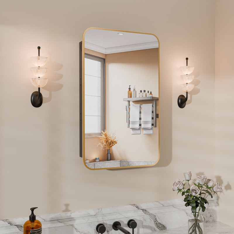  Recessed Bathroom Medicine Cabinet With Mirror And Adjustable Tempered Glass Shelves In Brushed Gold, 26"H x 16"W x 3.5"D