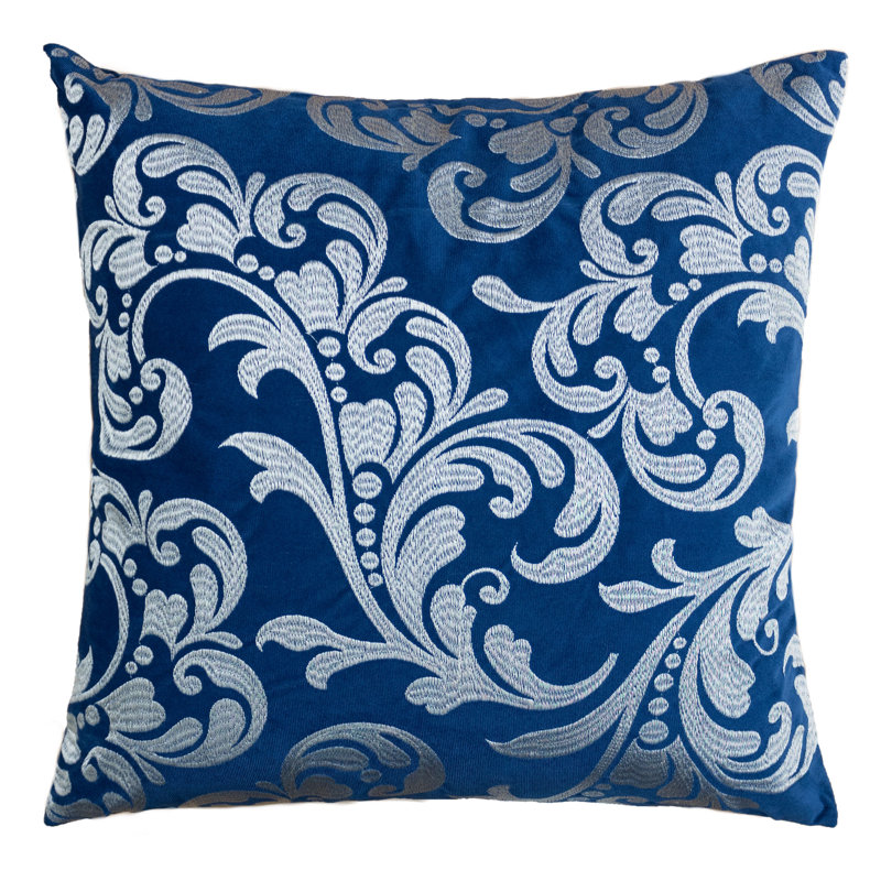 Holiday Floral Embroidered Velvet Throw Pillow, Blue/Silver