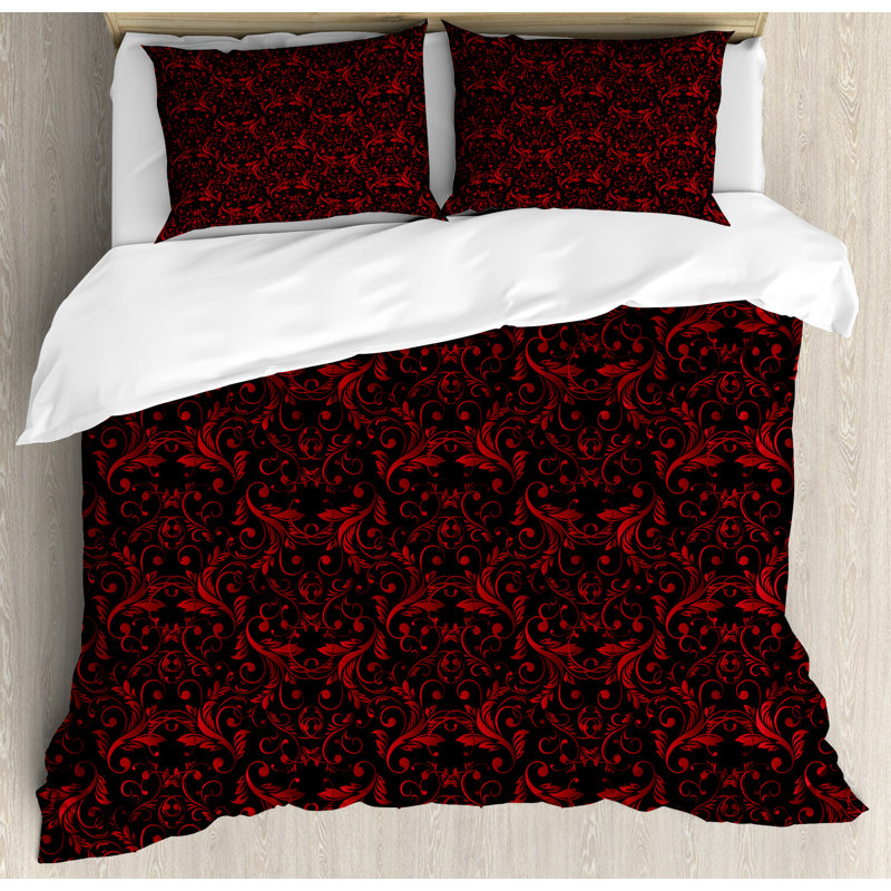 Victorian Black and Red Floral Queen Duvet Cover Set