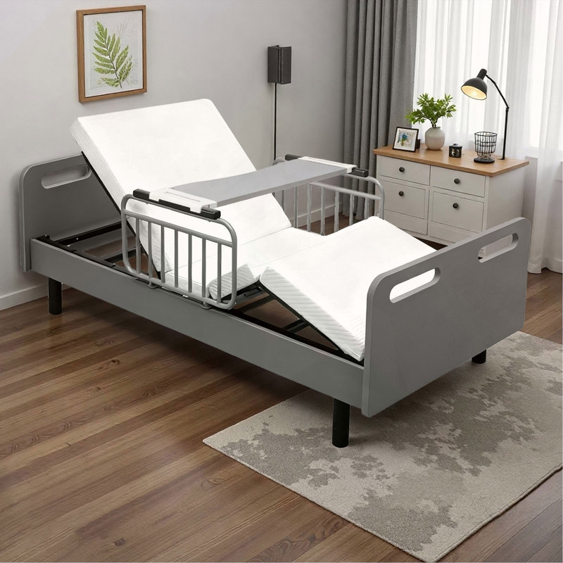 Electric Adjustable Hospital Bed for Home Use with Wired Remote Control, Memory Foam Folding Mattress, Safety Side Rails & Detachable Overbed Table, Home Healthcare Support